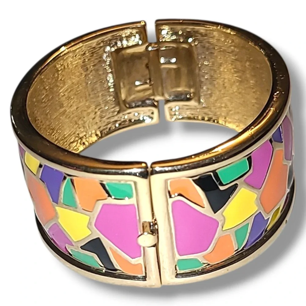 Erwin Pearl Colorful Enamel Mosaic Hinged Bangle Bracelet Gold Tone‎ Wide
